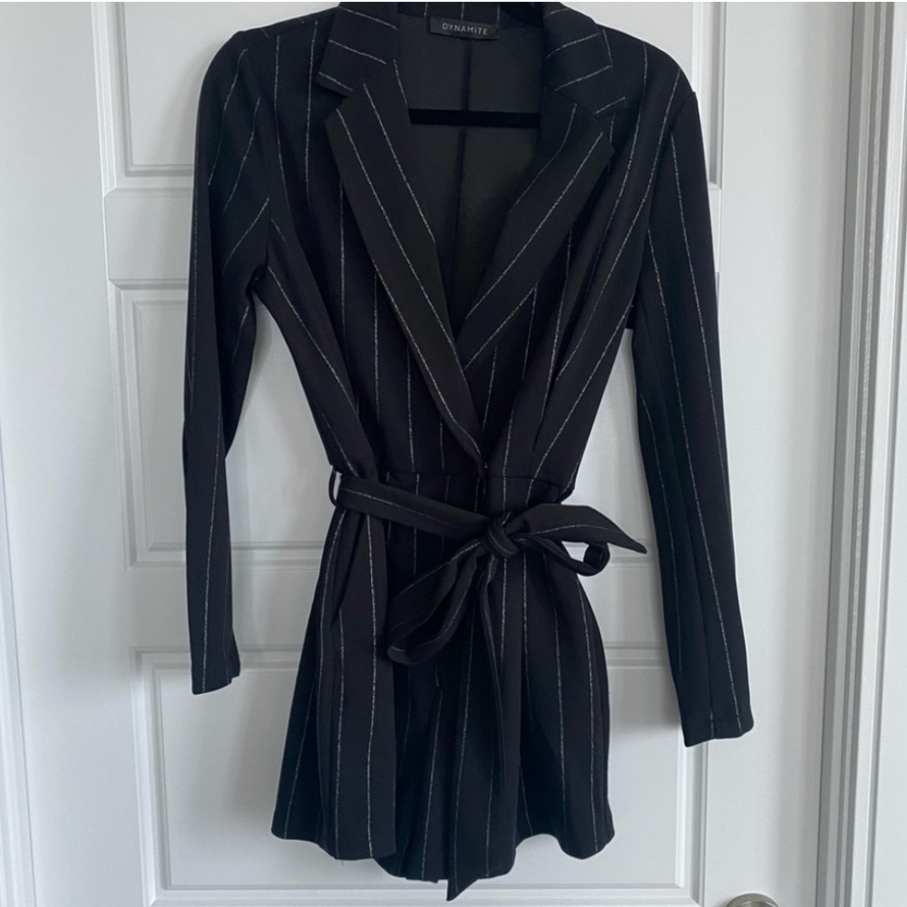 🔴DYNAMITE Black Striped Belted Blazer JUMPSUIT